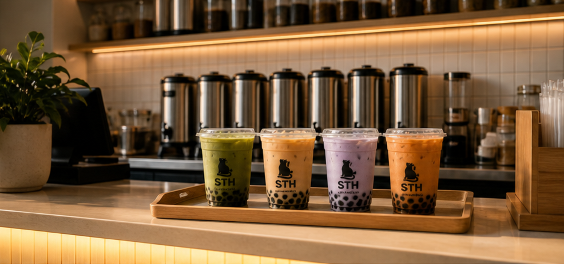 Bubble tea service counter with pickup drinks