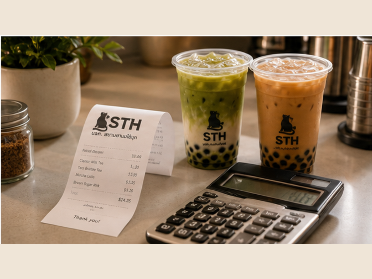 Bubble tea drinks with receipt and calculator